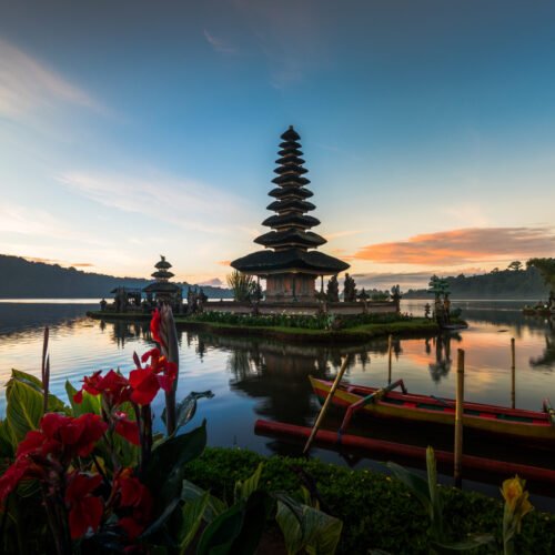Pura Ulun Danu Bratan temple in Bali island. Hindu temple in flowers on Beratan lake. Asia landscape