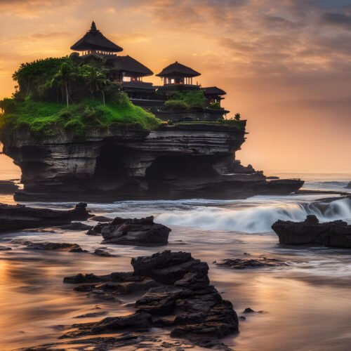 Tanah Lot Temple on sea at sunset in Bali Island, Indonesia.
Negative prompt:  
Steps: 30, Seed: 3533720737947872, Sampler: Euler, CFG scale: 7.5
