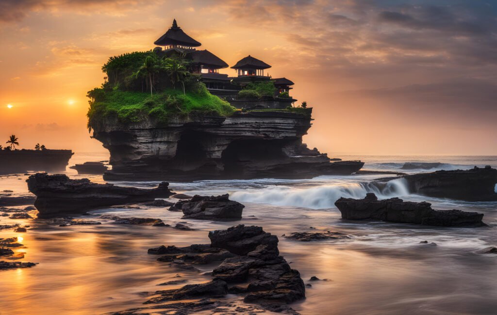 Tanah Lot Temple on sea at sunset in Bali Island, Indonesia.
Negative prompt:  
Steps: 30, Seed: 3533720737947872, Sampler: Euler, CFG scale: 7.5